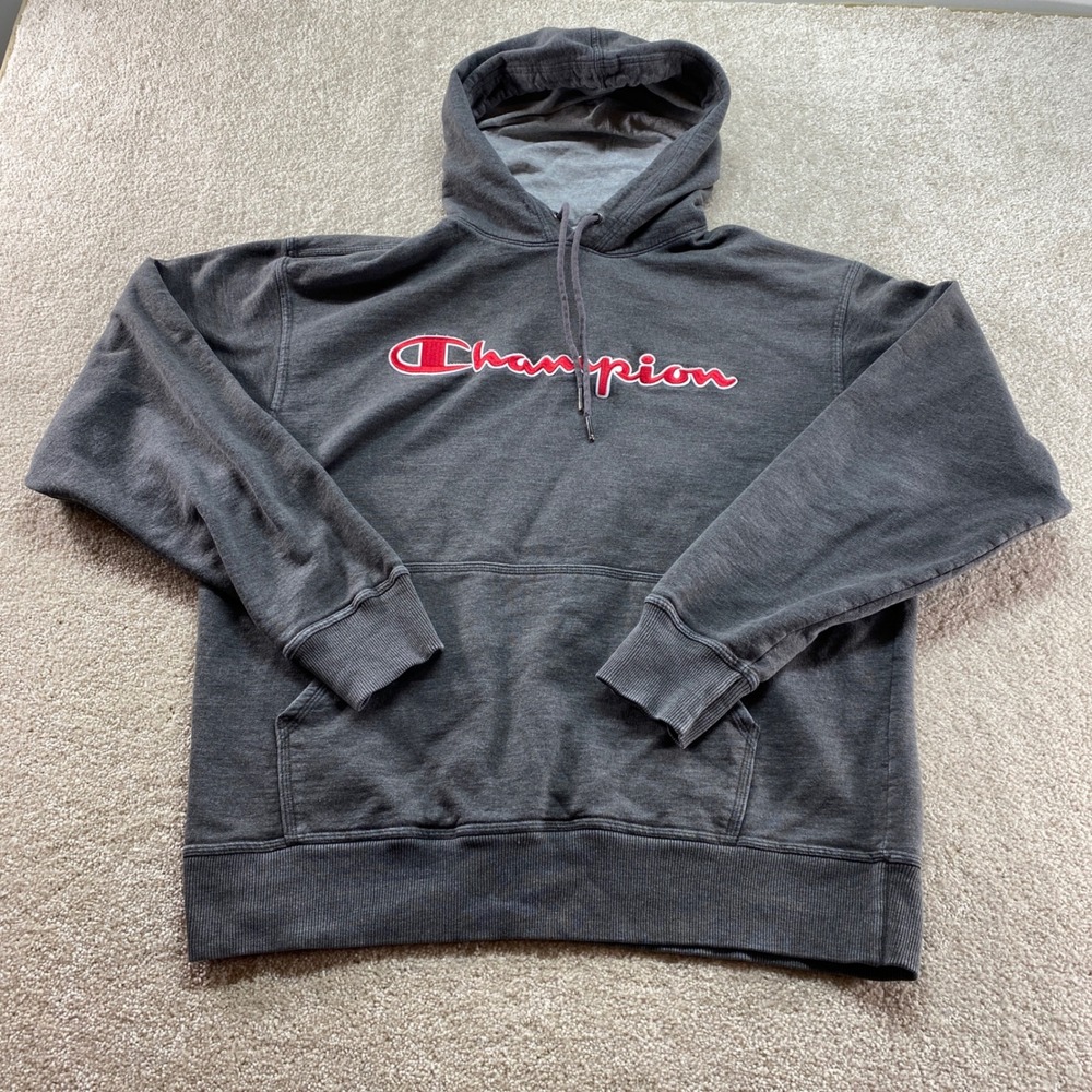 Champion Hoodie Mens Large Gray Script Logo Fleece Pullover Sweatshirt